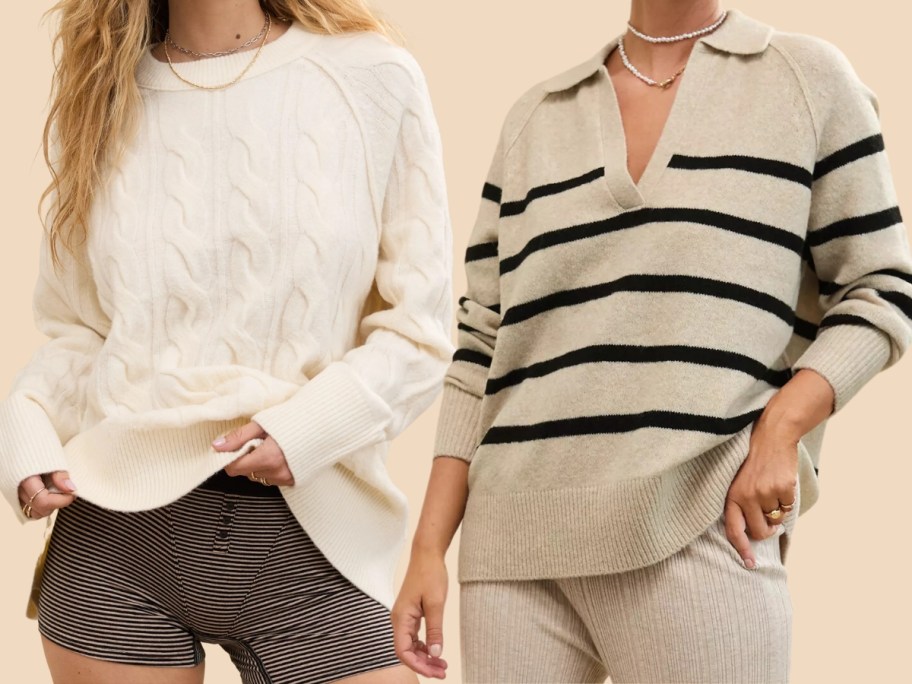 woman wearing an off white cable knit sweater and woman wearing a tan and black stripe vneck collar sweater