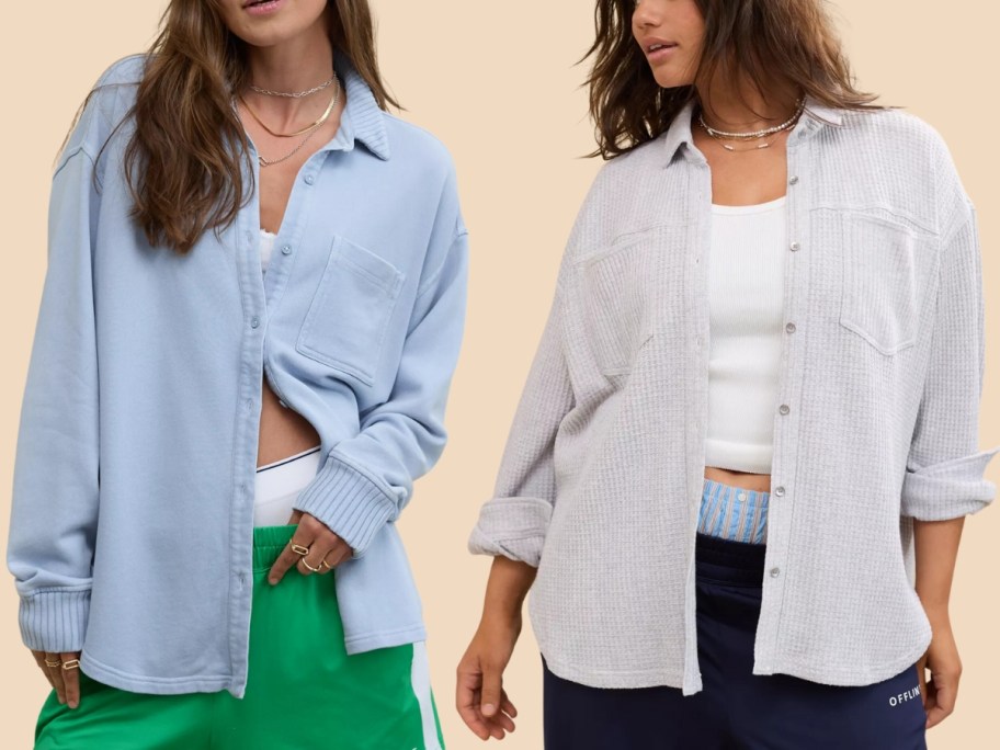 women wearing button down shirts, one in blue fleece, one in grey waffle