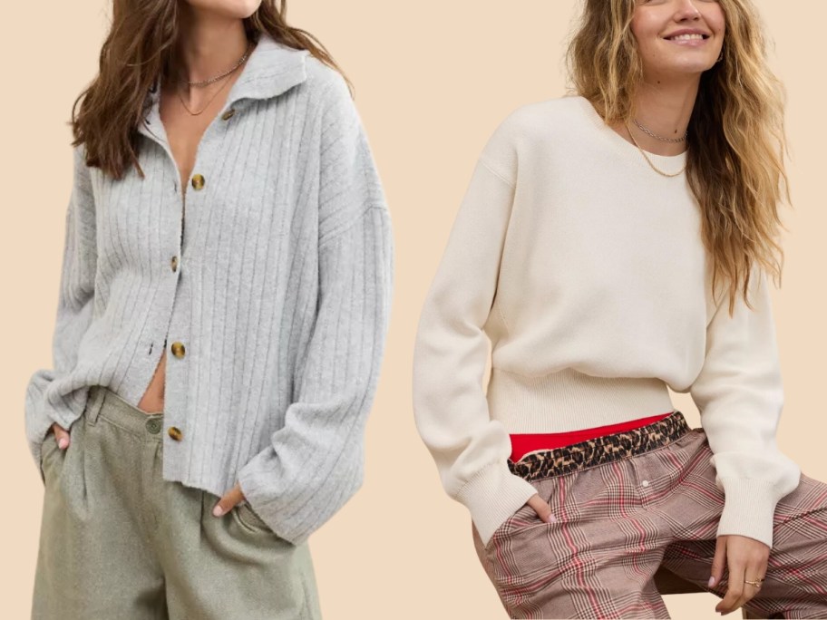 woman wearing a grey button up ribbed cardigan and woman wearing a cream color cropped sweater