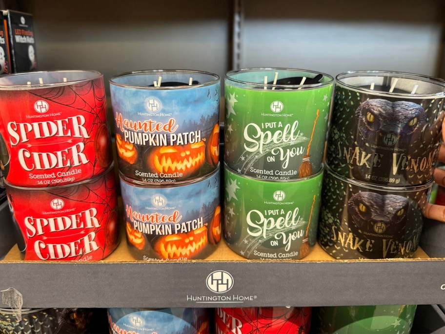 4 different halloween candles on display in store