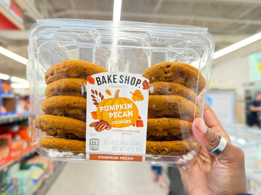 hand holding pumpkin pecan cookies box