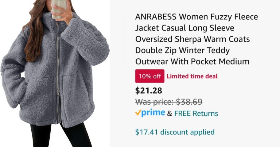 woman wearing gray fleece sweatshirt next to Amazon pricing information