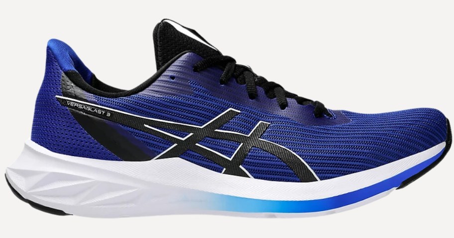 a men's Asics running shoe in dark blue with black and white accents