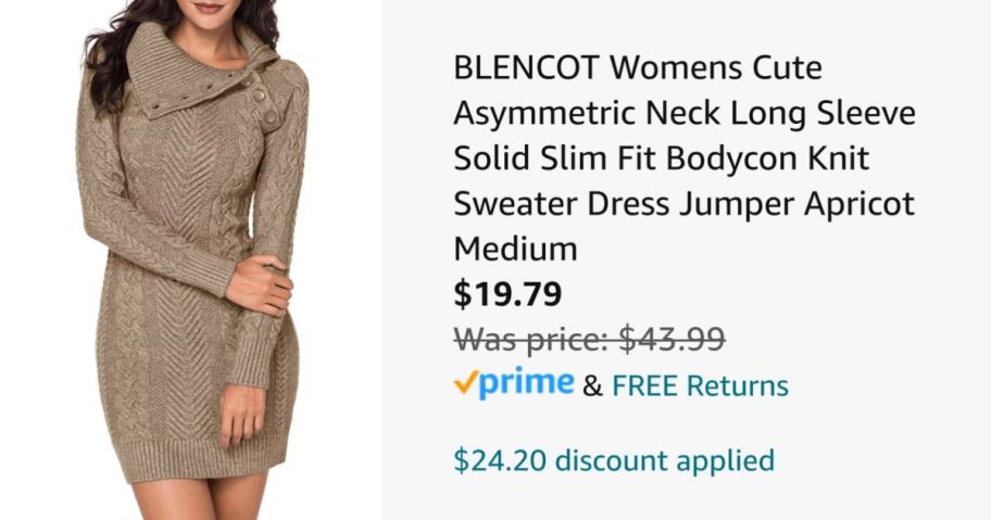 woman wearing tan sweater dress next to Amazon pricing information