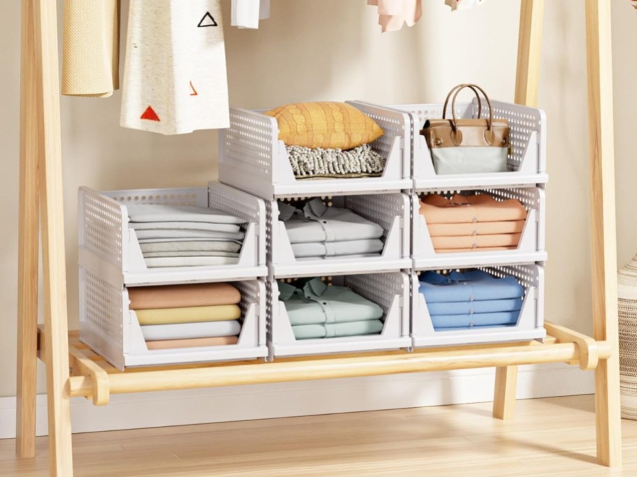 storage baskets stacked in closet