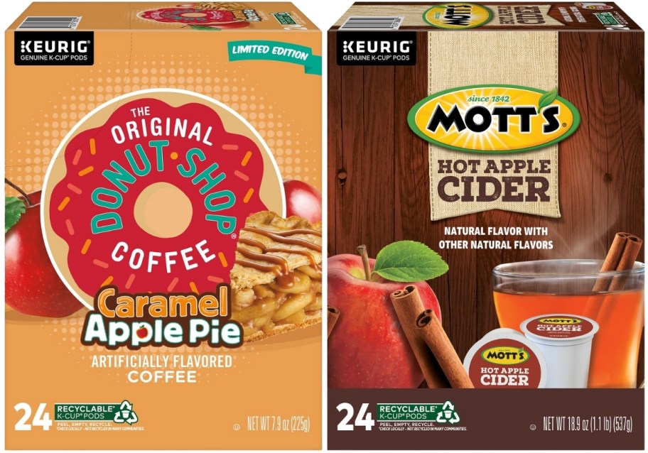 a box of apple pie coffe and a box of apple cider pods