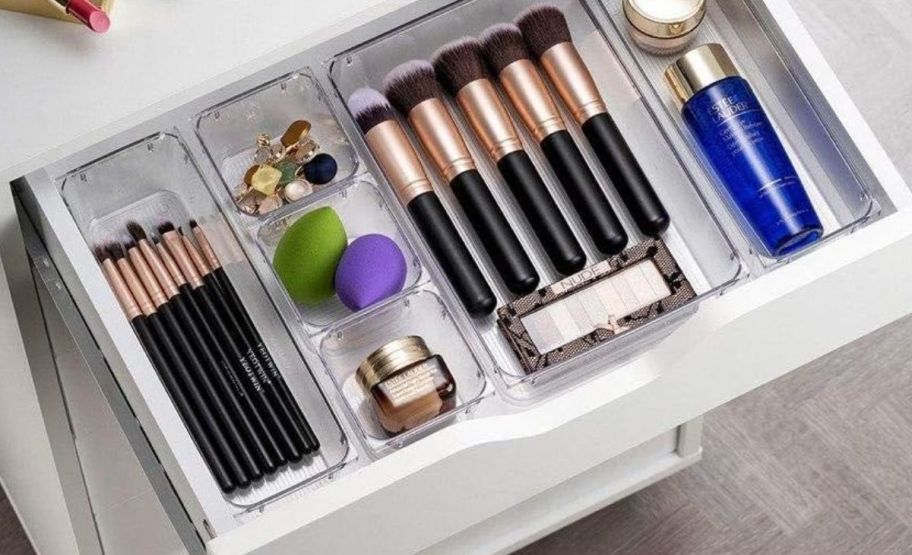 drawer contents shown with clear plastic organizer bins