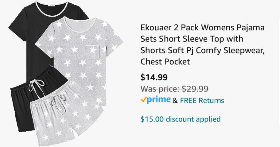 2 pairs of pajamas next to Amazon pricing information