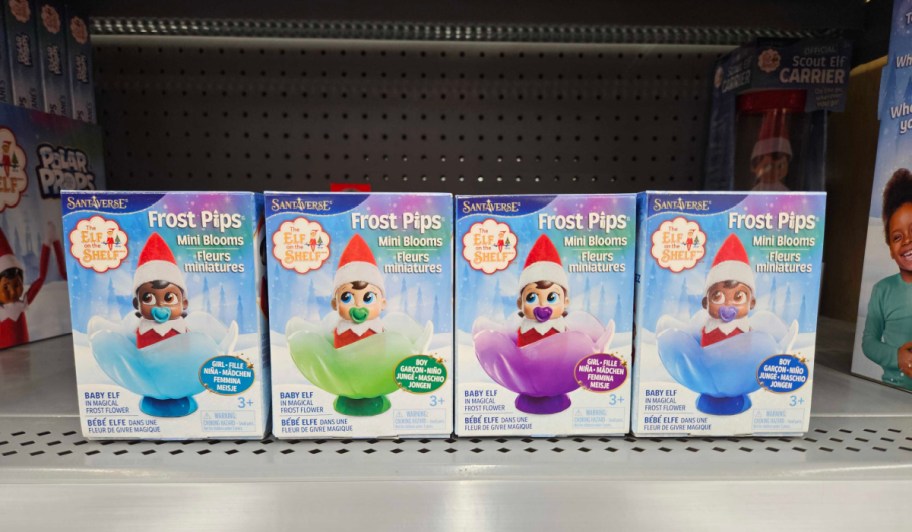 elf on the shelf frost pips in boxes lined up on a walmart shelf