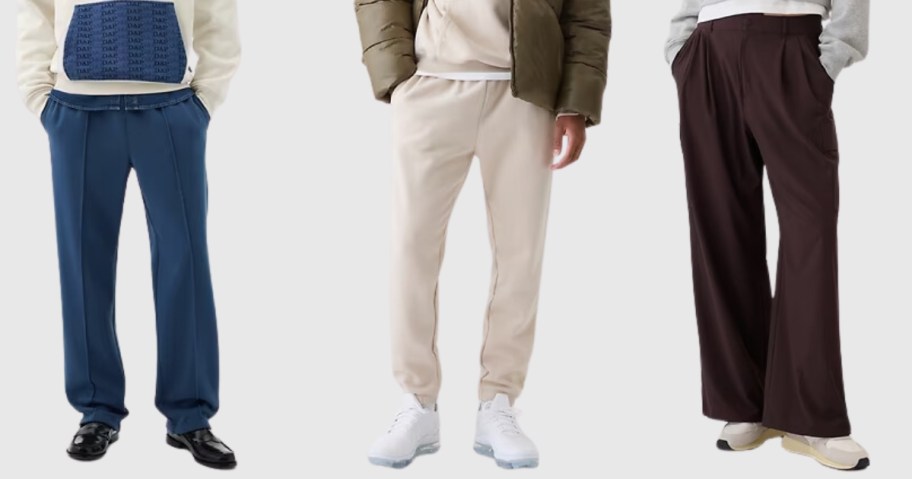 man wearing blue GAP sweatpants, man wearing beige GAP joggers, and woman wearing brown wideleg sweatpants