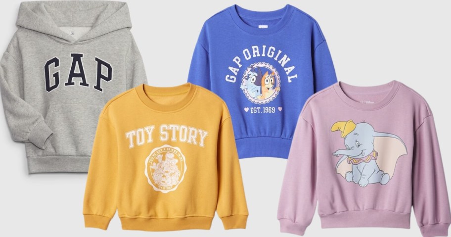 toddler's grey GAP logo hoodie and GAP sweatshirts, yellow with Toy Story, blue with Bluey, and lavender with Dumbo