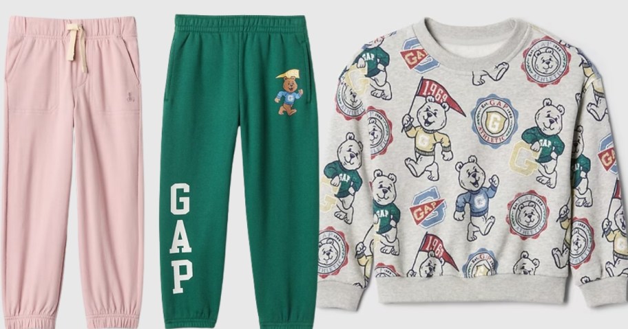 pink baby Gap joggers, green baby Gap joggers, and a baby Gap sweatshirt with bears and the GAP logo