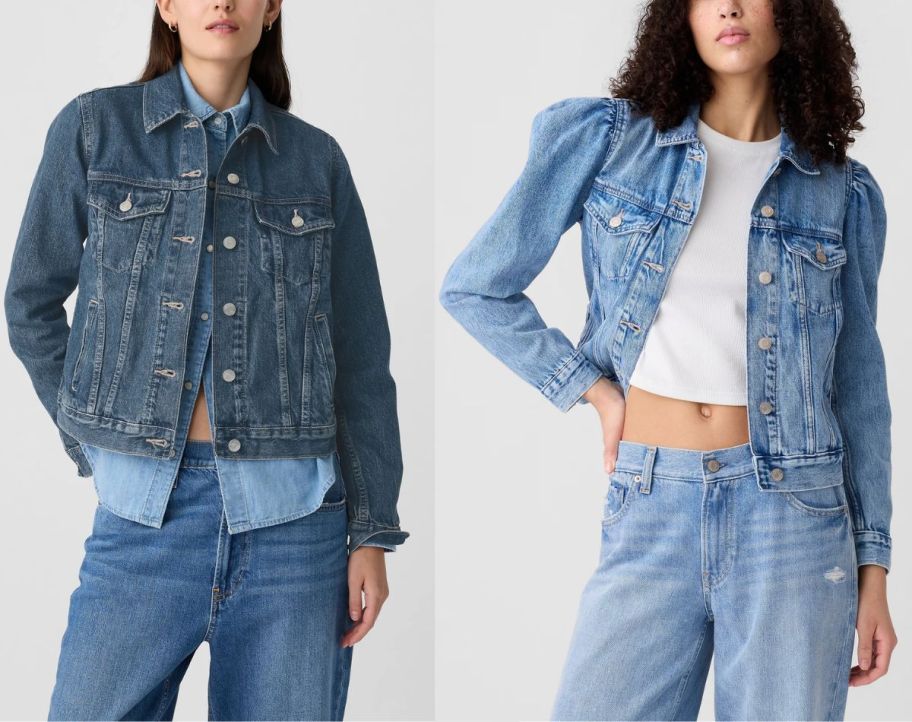 two women wearing denim jackets from gap factory