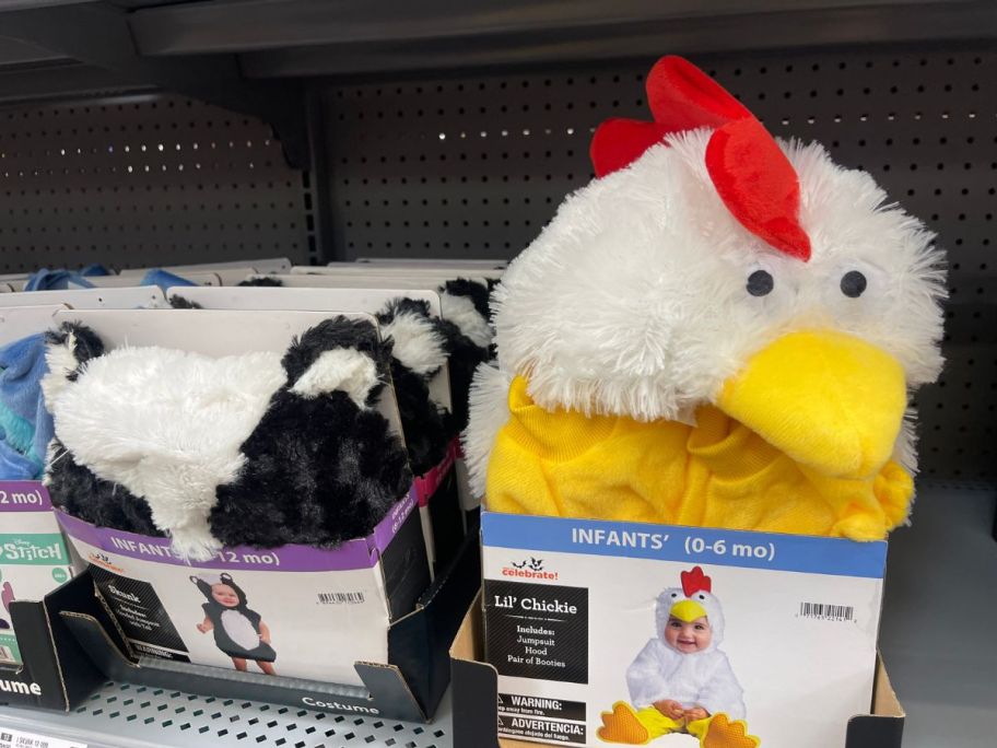 Way To Celebrate Skunk and lil chickie Infant Halloween Costumes on shelf in store
