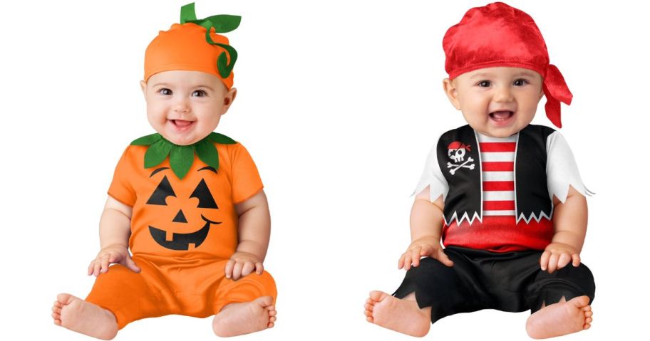 babies wearing Way To Celebrate Jack O' Lantern and pirate Infant Halloween Costume