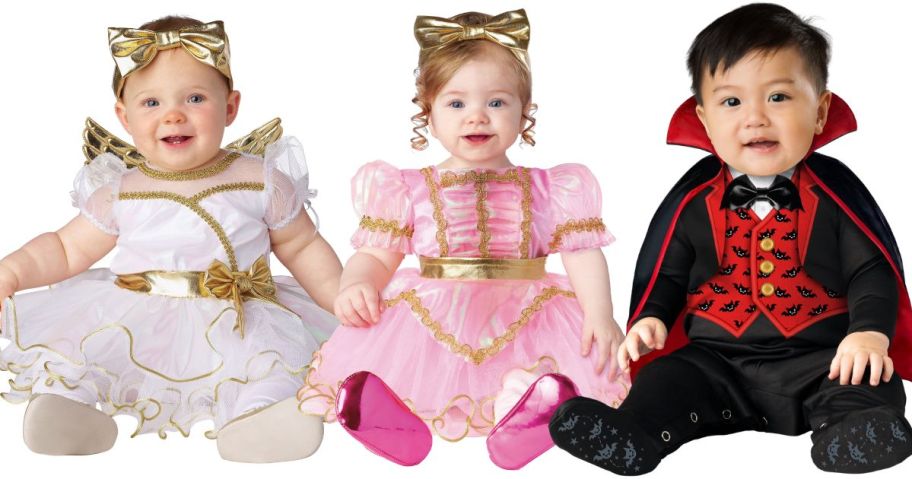 kids wearing Way To Celebrate Angel, pink princess, and vampire Infant Halloween Costume