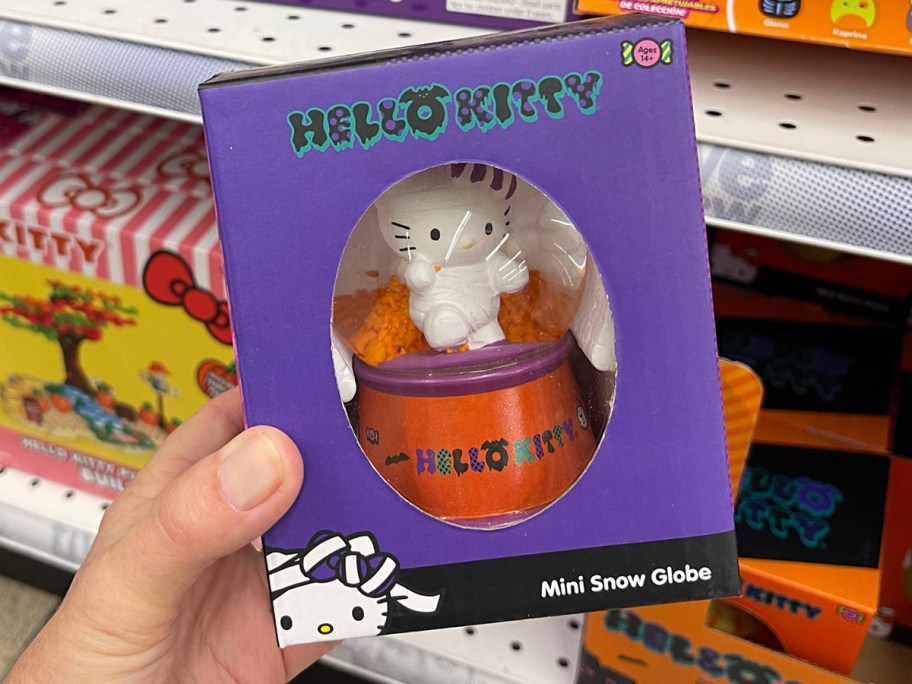hand holding hello kitty snow globe
