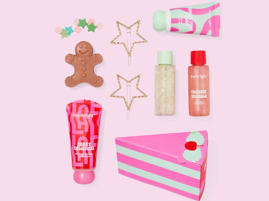 joybright makeup products on pink table