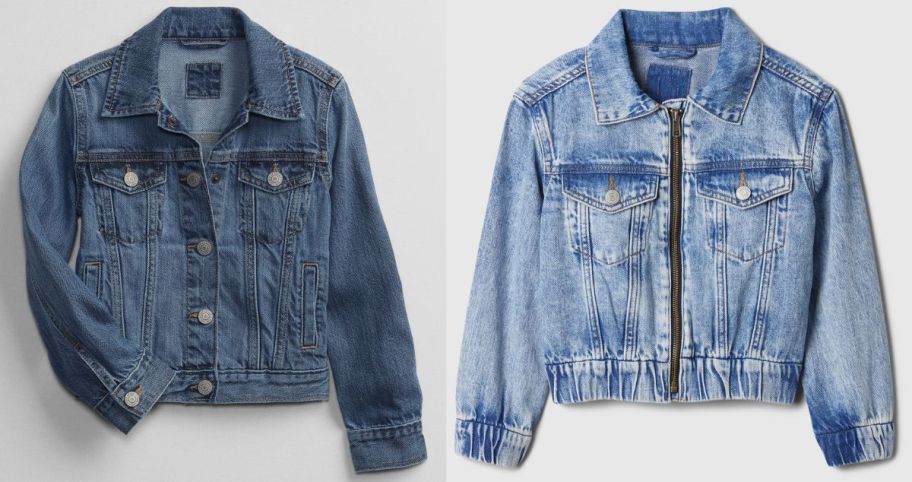 two kids denim jackets from gap factory on a gray background