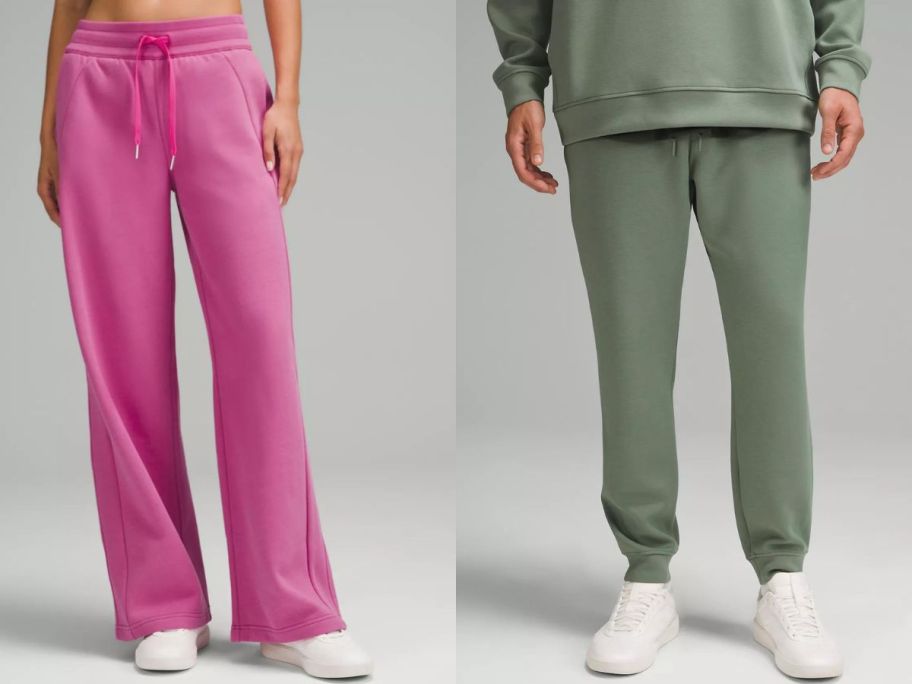 Stock images of women and men wearing lululemon sweatpants