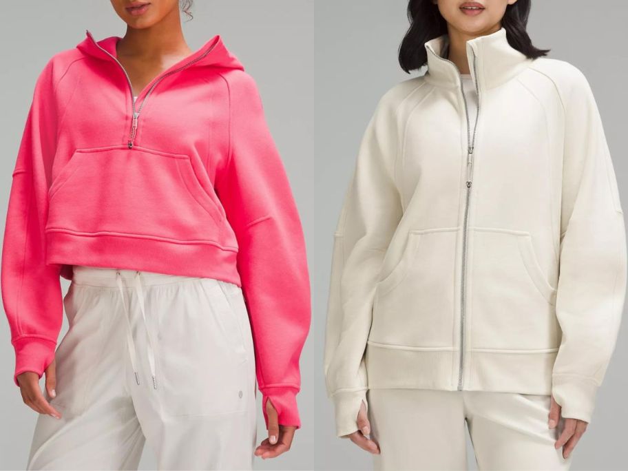 Stock image of two women wearing Lululemon scuba sweatshirts