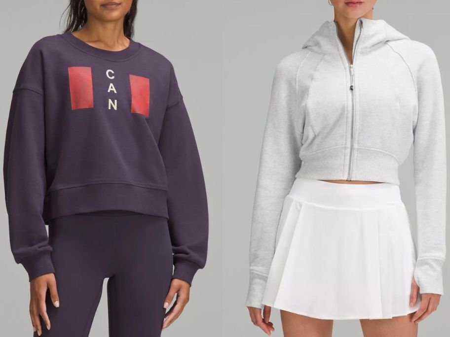 Stock image of two women wearing lululemon sweatshirts