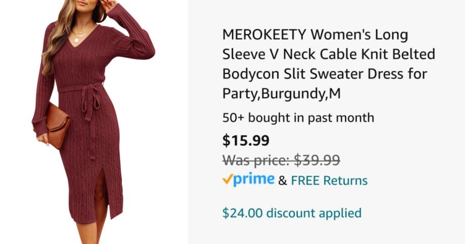 woman wearing maroon sweater dress next to Amazon pricing information