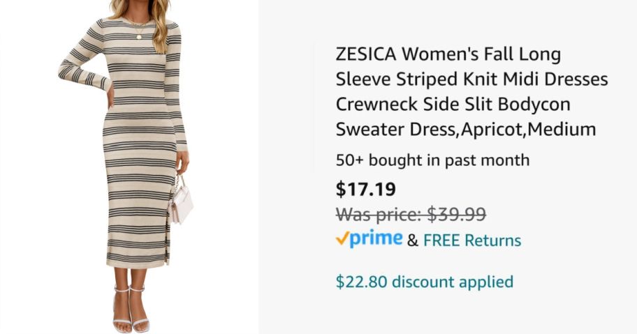 woman wearing striped dress next to Amazon pricing information