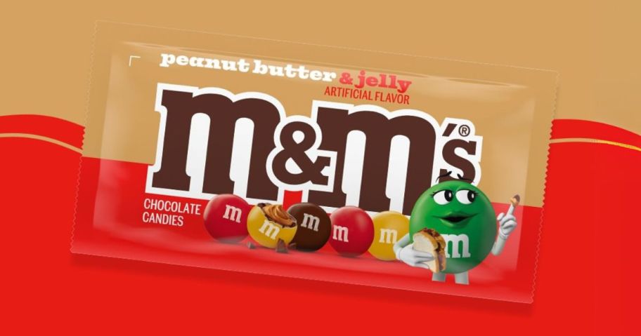 an m&ms peanut butter and jelly bag against a brown and red background