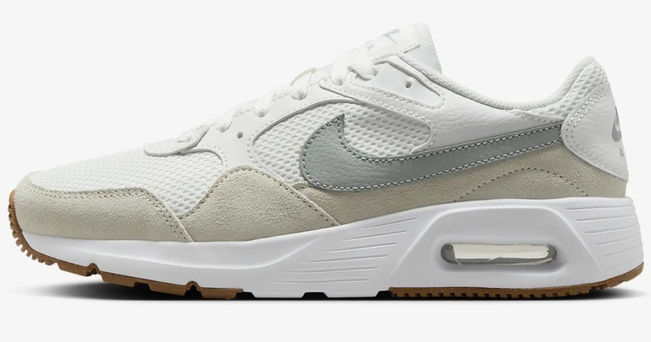 women's Nike Air Max style shoe in white with cream, tan, and grey accents