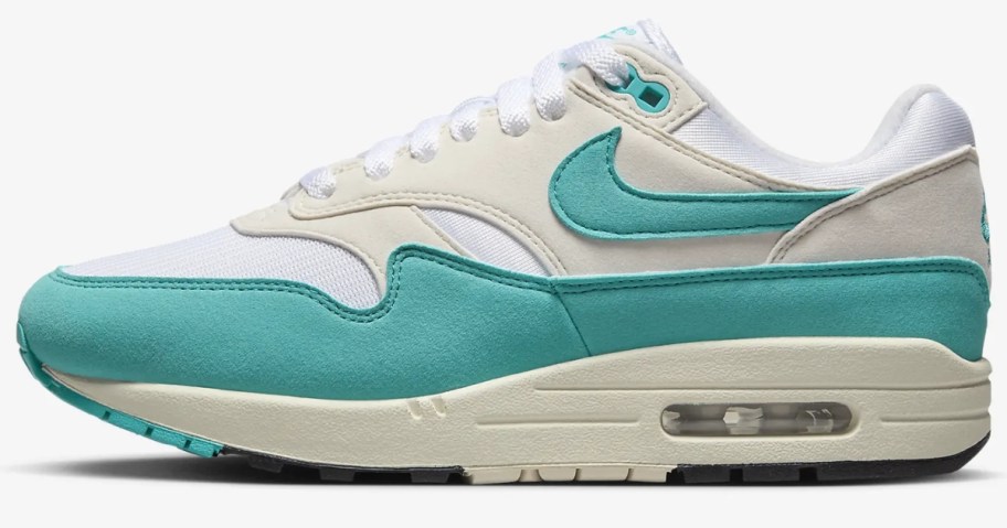 women's Nike Air Max style shoe in cream and teal green with white