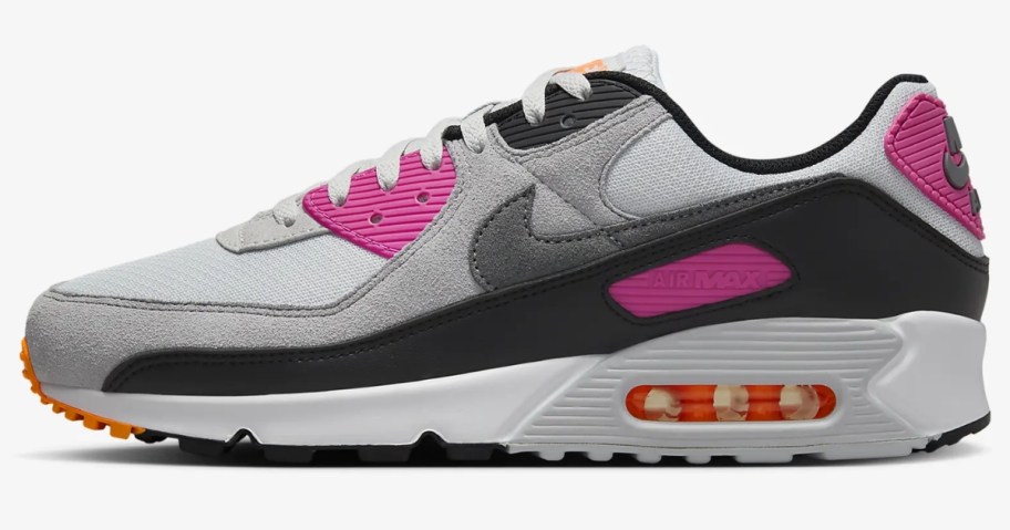 men's Nike Air Max style shoe in white, grey, and black with pink and orange accents