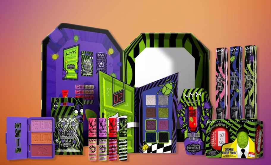 NYX beetlejuice limited edition vault collection shown with various included products