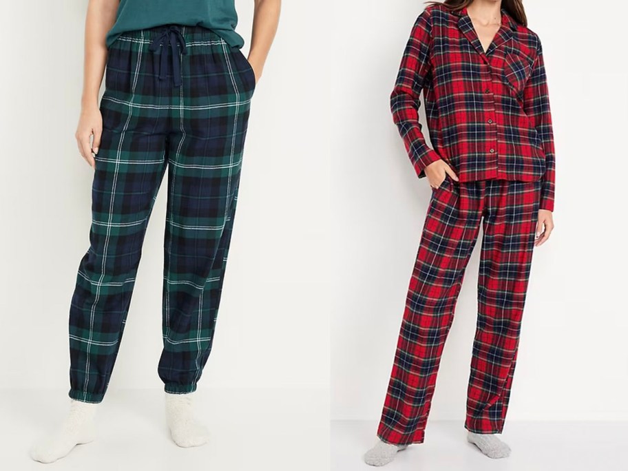 two women wearing green flannel joggers and red flannel pajama set