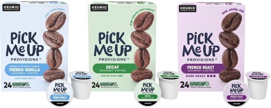 four boxes of coffee pods in various roasts coffee pods