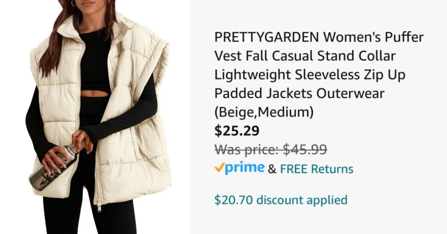 woman wearing beige vest next to Amazon pricing information