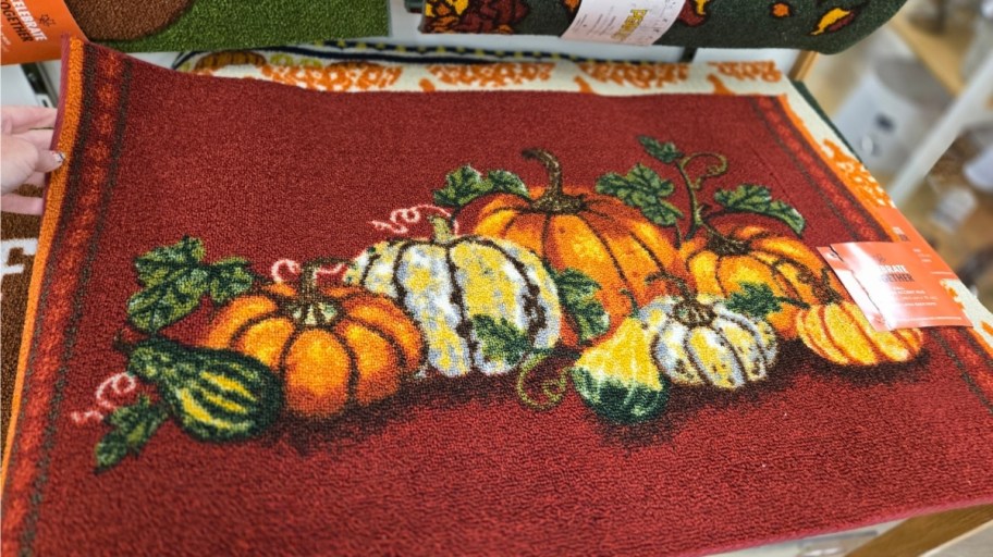 doormat with various sizes and trypes of pumpkins