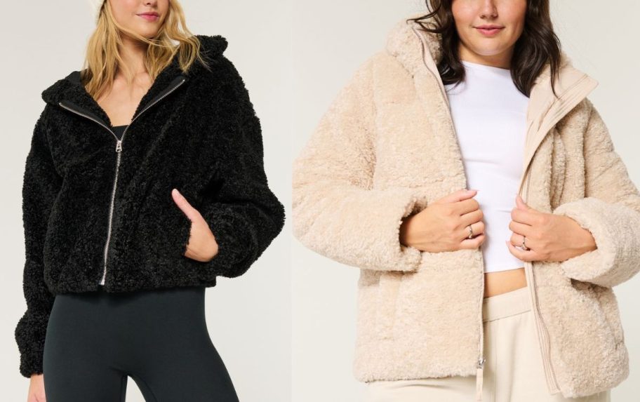 sherpa jacket in black and beige