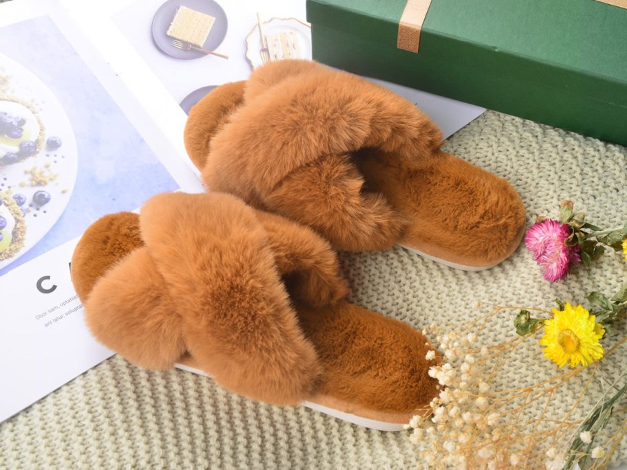 slippers in brown with box and flowers around