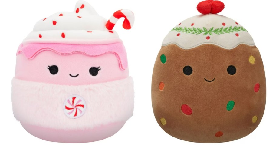 two large Squishmallows one is a pink hot chocolate and the other is fruitcake