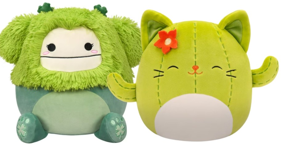 two large Squishmallow plushes, one is a green Big Foot and one is a green Cat Cactus