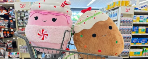 two large Squishmallows in a Walgreens cart in the middle of the store - one is a pink hot chocolate and the other is fruitcake