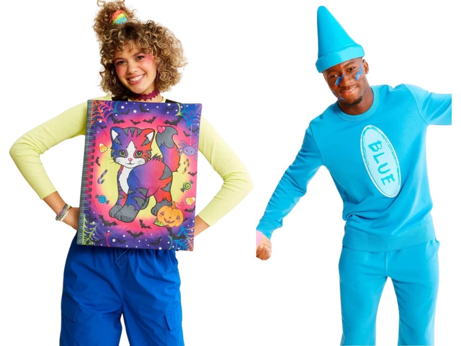 woman wearing a Lisa Frank colorful kitten notebook Halloween costume and man wearing a Blue Crayon Costume