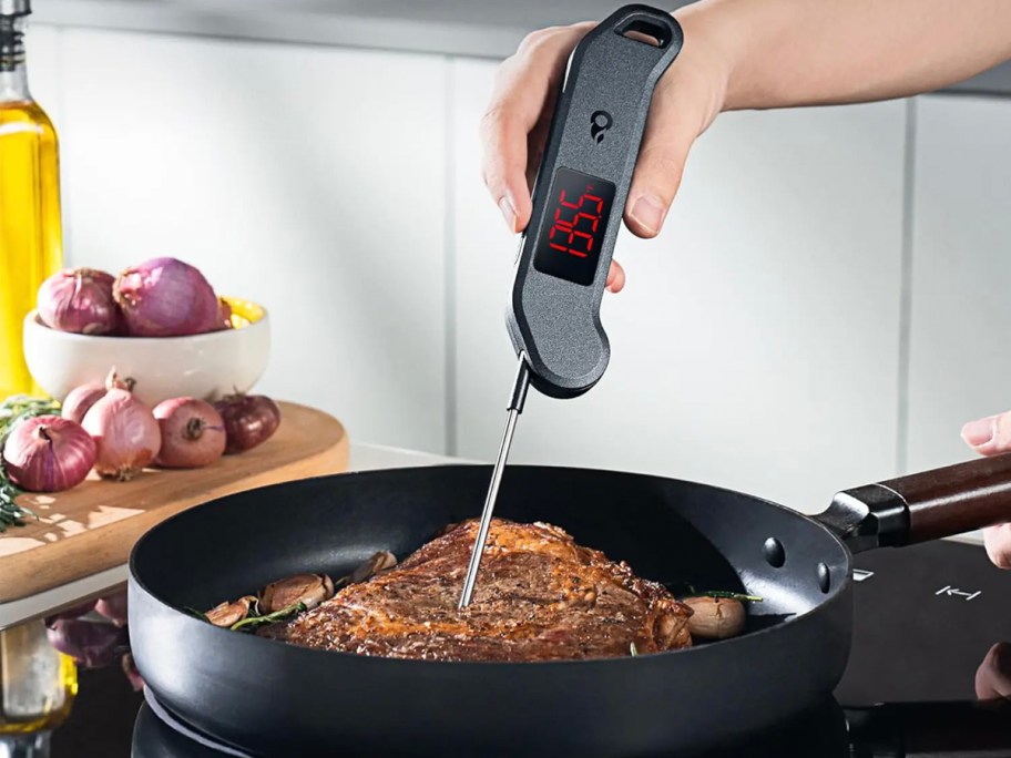 hand holding gray thermometer in piece of steak in pan 