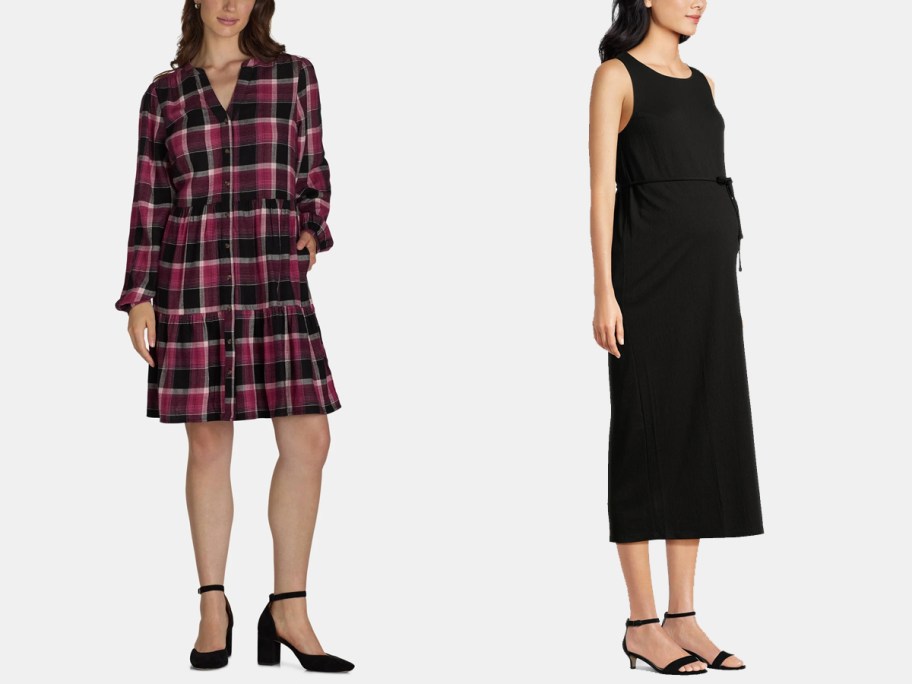 two women wearing plaid and black dresses