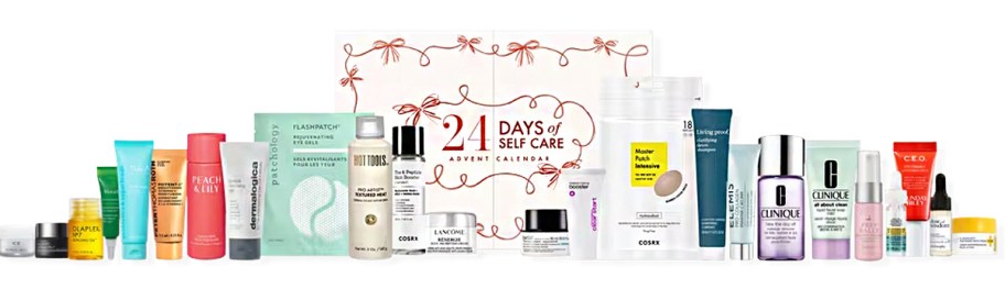 ulta beauty 24 days of self care advent calenda and products on table