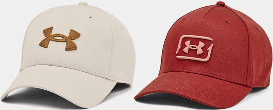 under armour beige and red hats