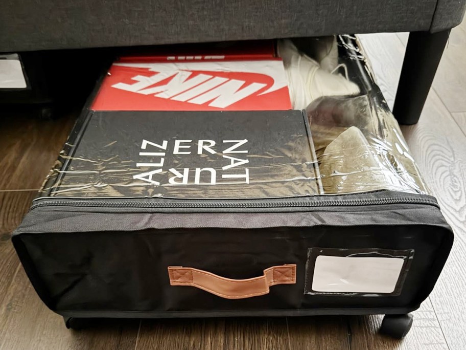 clear underbed storage container with shoes inside 