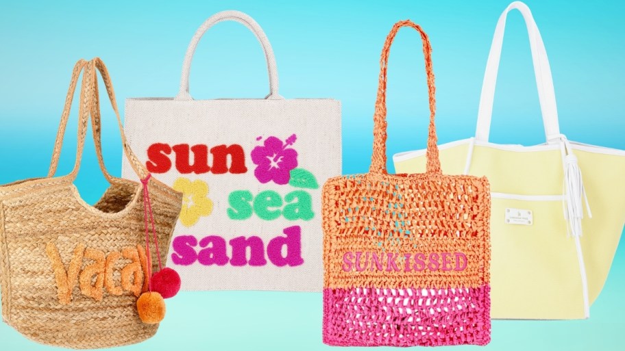four beach totes in various styles and materials