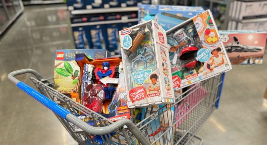 walmart cart full of toys in store